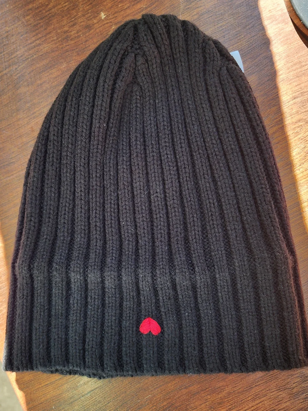 Black Ribbed Knit Beanie Red Embroidered Heart Cuffed Winter Hat